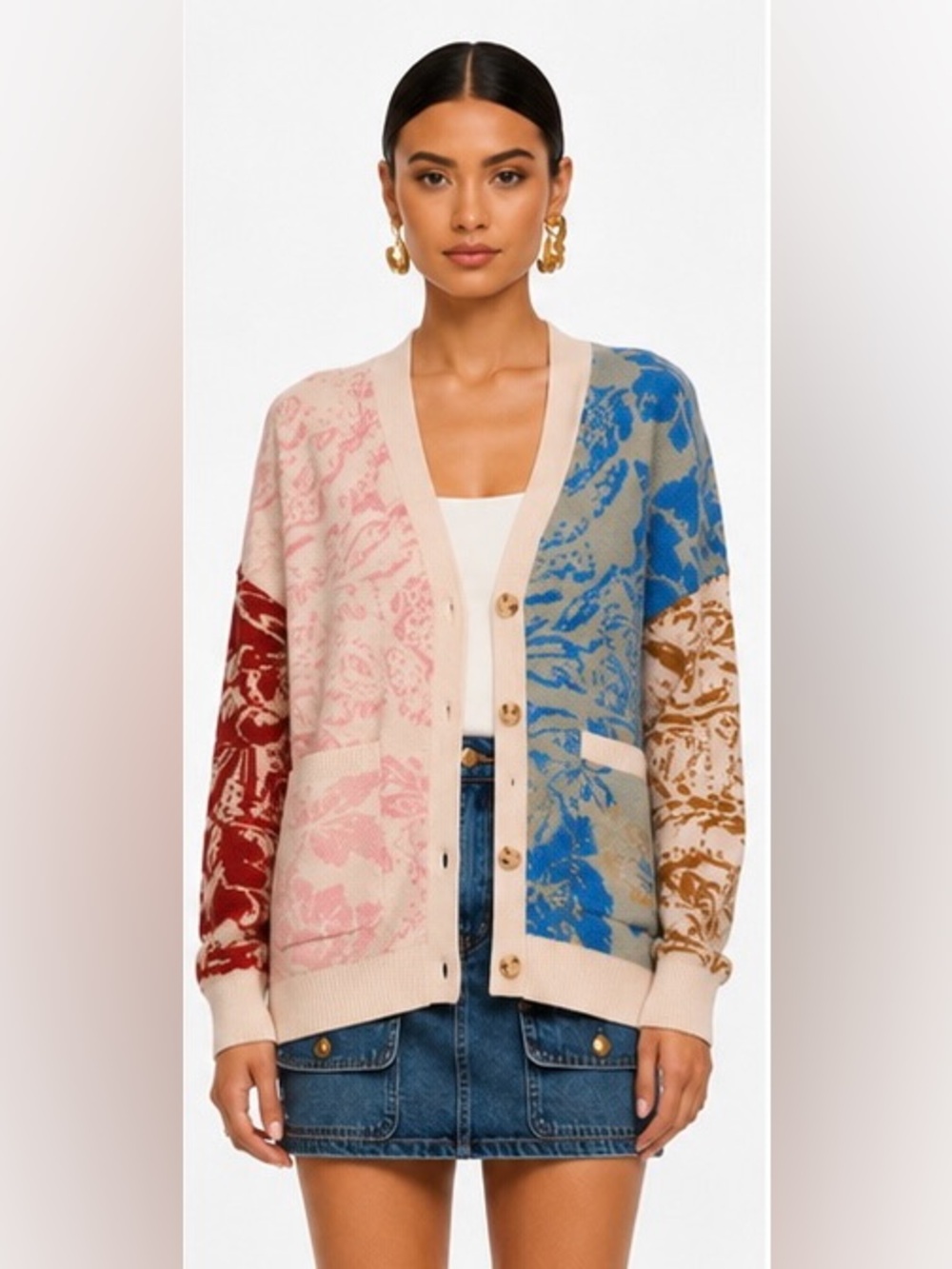 Polagram Oversized  Floral Patchwork Print Long Sleeve Cardigan
